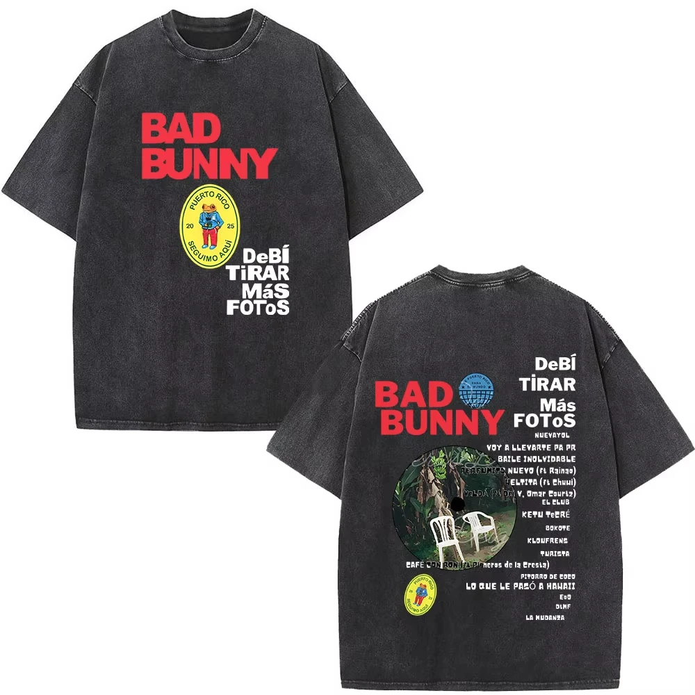 Rapper Bad Bunny Washed Vintage T-Shirt Debi Tirar Mas Fotos DTMF World Tour T-Shirts Herrenmode Hip Hop T-Shirts Streetwear