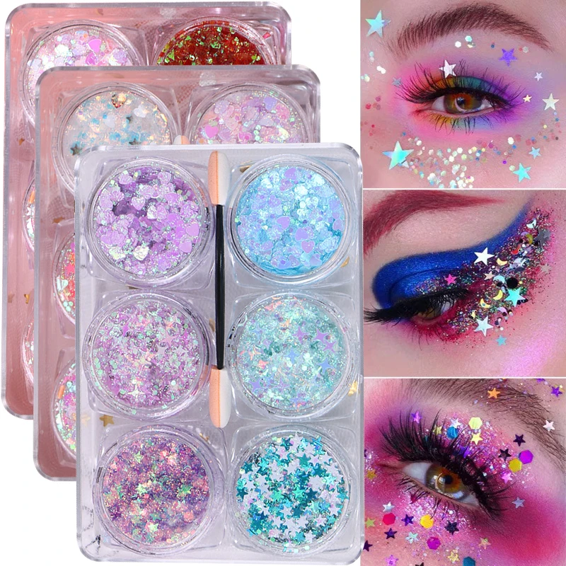 6colors/set Glitter Gel Sequins Eyeshadow Rainbow Face Body Nail Art Mermaid Sequin Korean Cosmetic Makeup Powder,With 1pc Brush