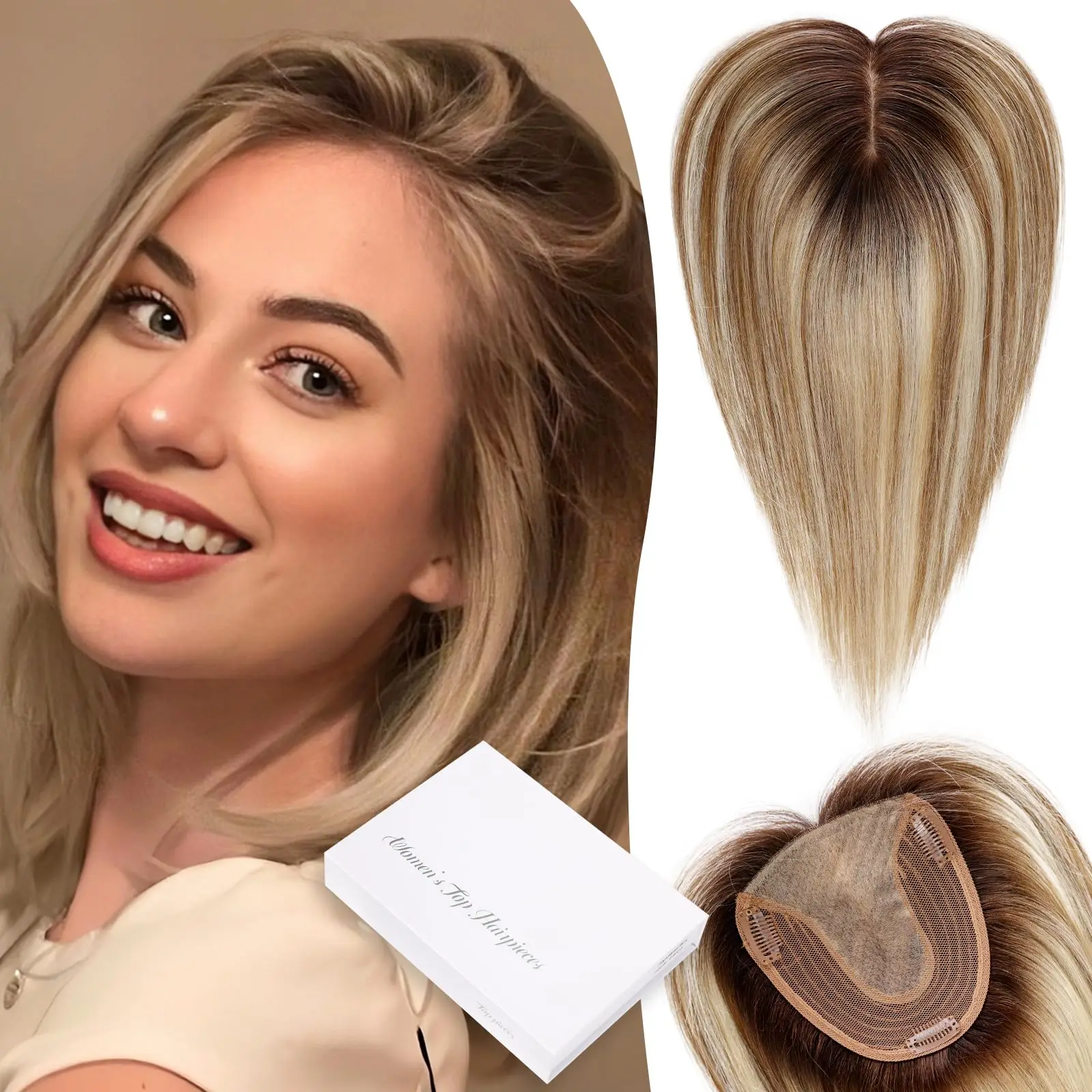 100% Remy Human Hair Toppers ไฮไลท์สีน้ําตาลสีน้ําตาลผสม Hairpiece Extension สําหรับผู้หญิง 12 นิ้วตรง Remy Human Hair Topper