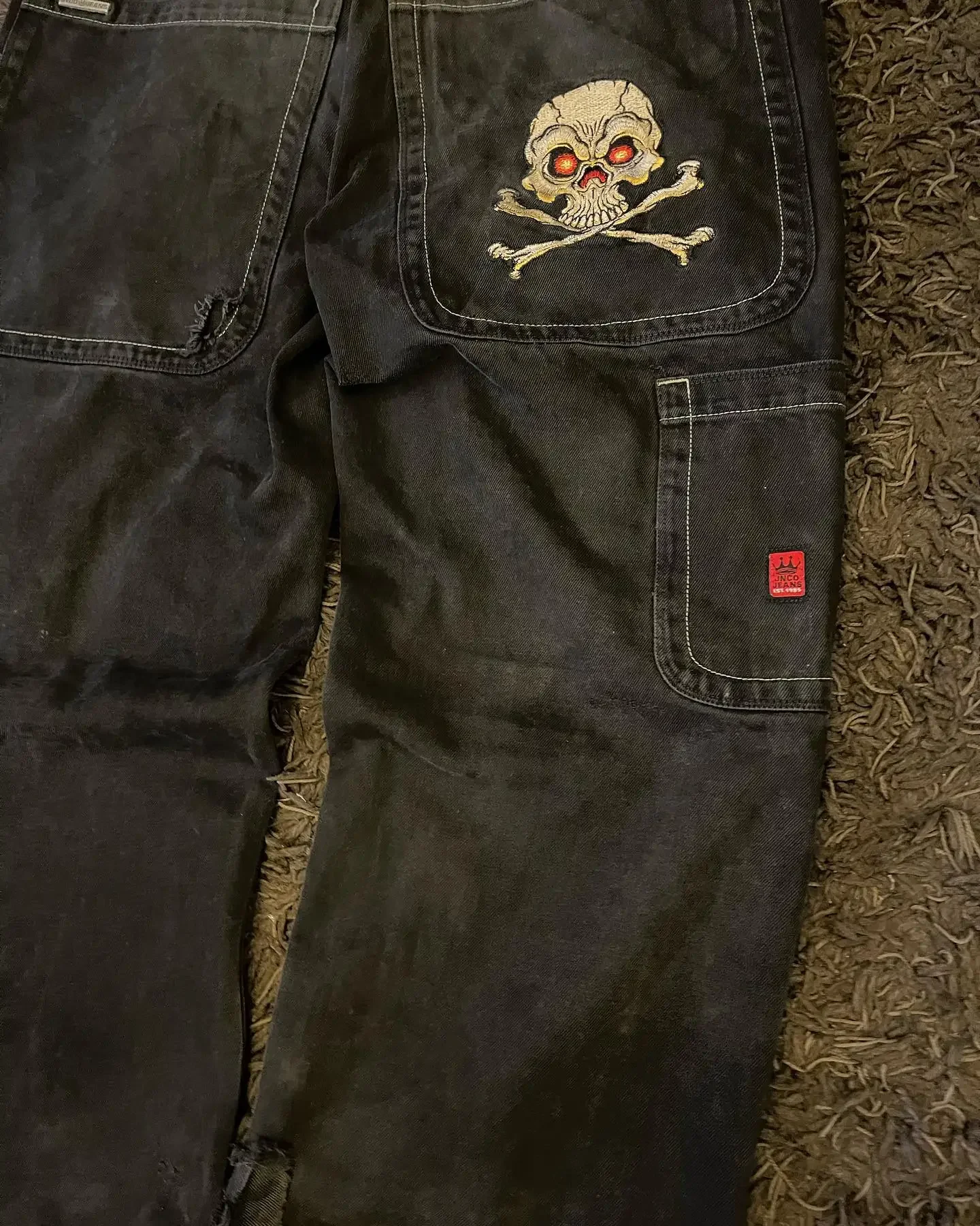 Джинсы JNCO мужские в стиле ретро, уличная одежда, мешковатые джинсы с графической вышивкой черепа в стиле хип-хоп, черные брюки в готическом стиле с завышенной талией