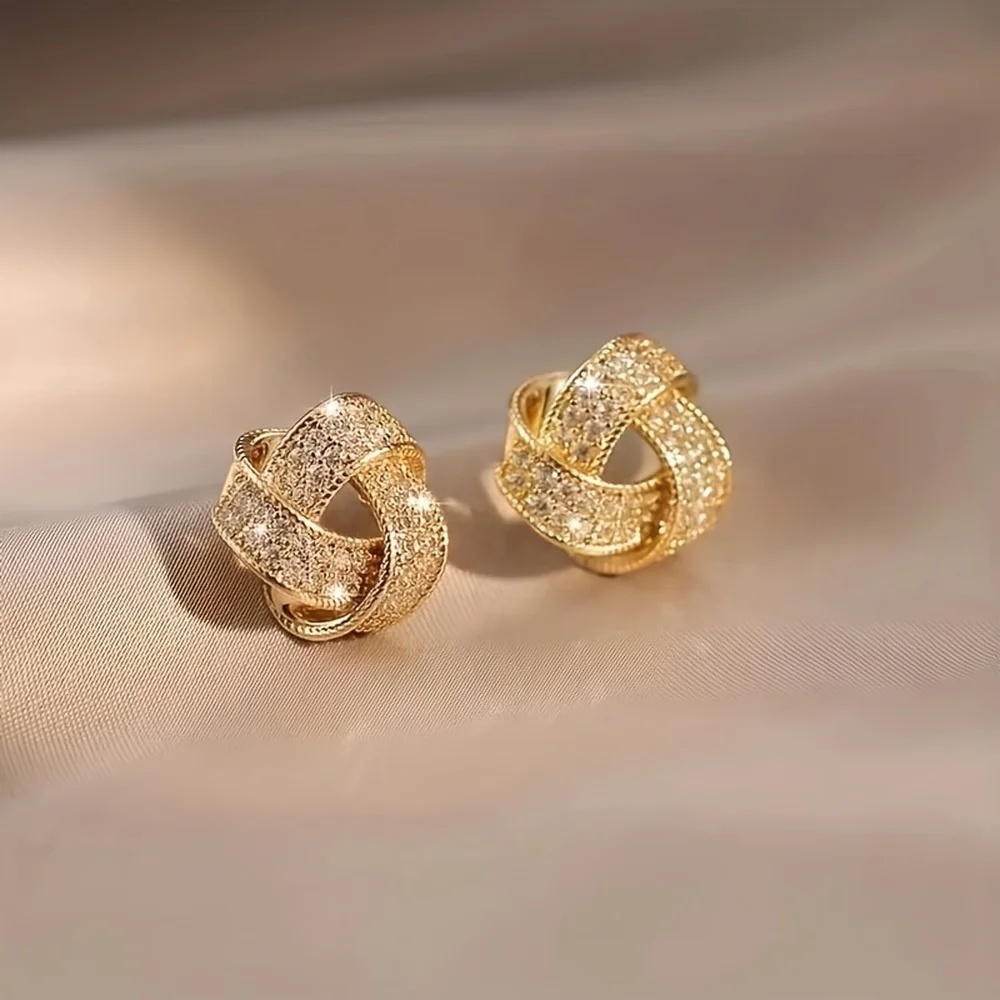 Elegant Sparkling Knotted Alloy Stud Earrings With Imitation Zircon Decor, Daily Decoratiions,Small With Stainless Steel Needles