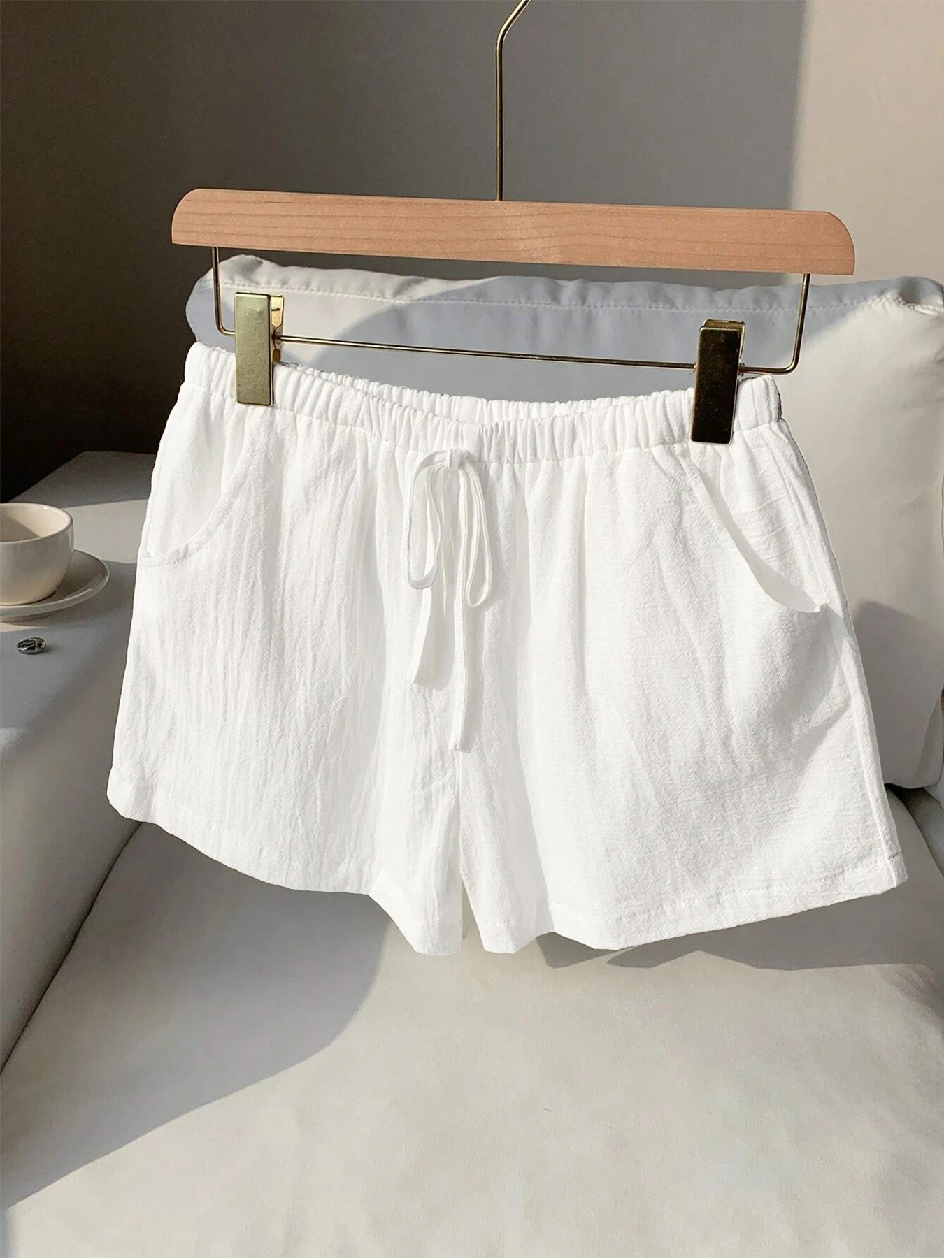 Ladies New Spring Summer Linen Solid Color Casual Sports Elastic Waist Drawstring Short Pants - Image 5