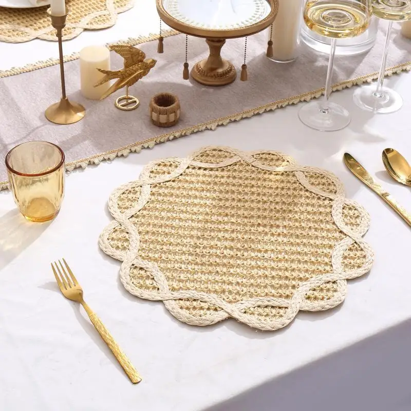 Flower Pattern Paper Woven Placemat Heat Insulation Waterproof Dining Mat for Home Party Wedding Table Decor Photo Prop