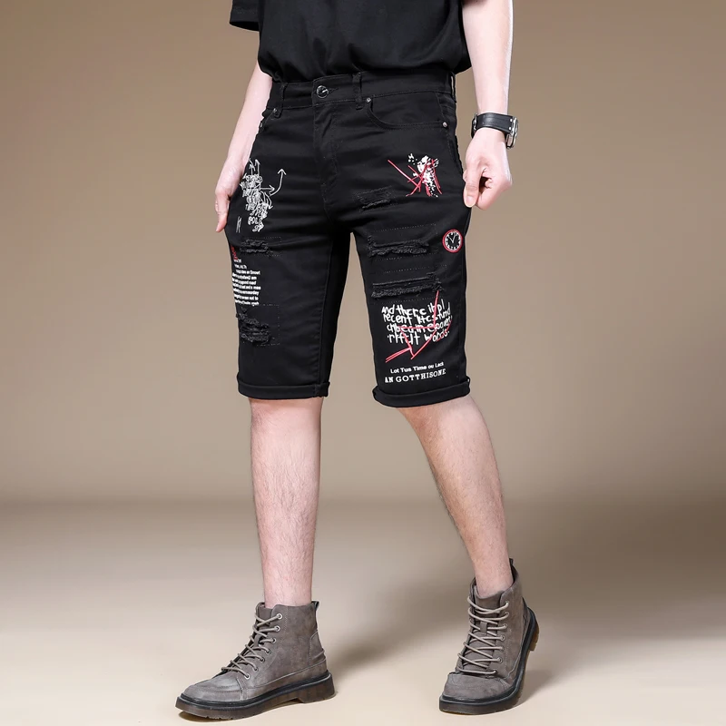 

Black Shorts Men's Motorcycle Street Tide Brand Personality Embroidered Printed Middle Pants Slim Fit Five Points Bermuda Shorts