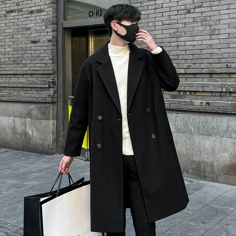 

Мужское зимнее шерстяное пальто Thiened, корейское хлопковое пальто с прокладкой средней длины, официальная одежда, двубортное, однотонное