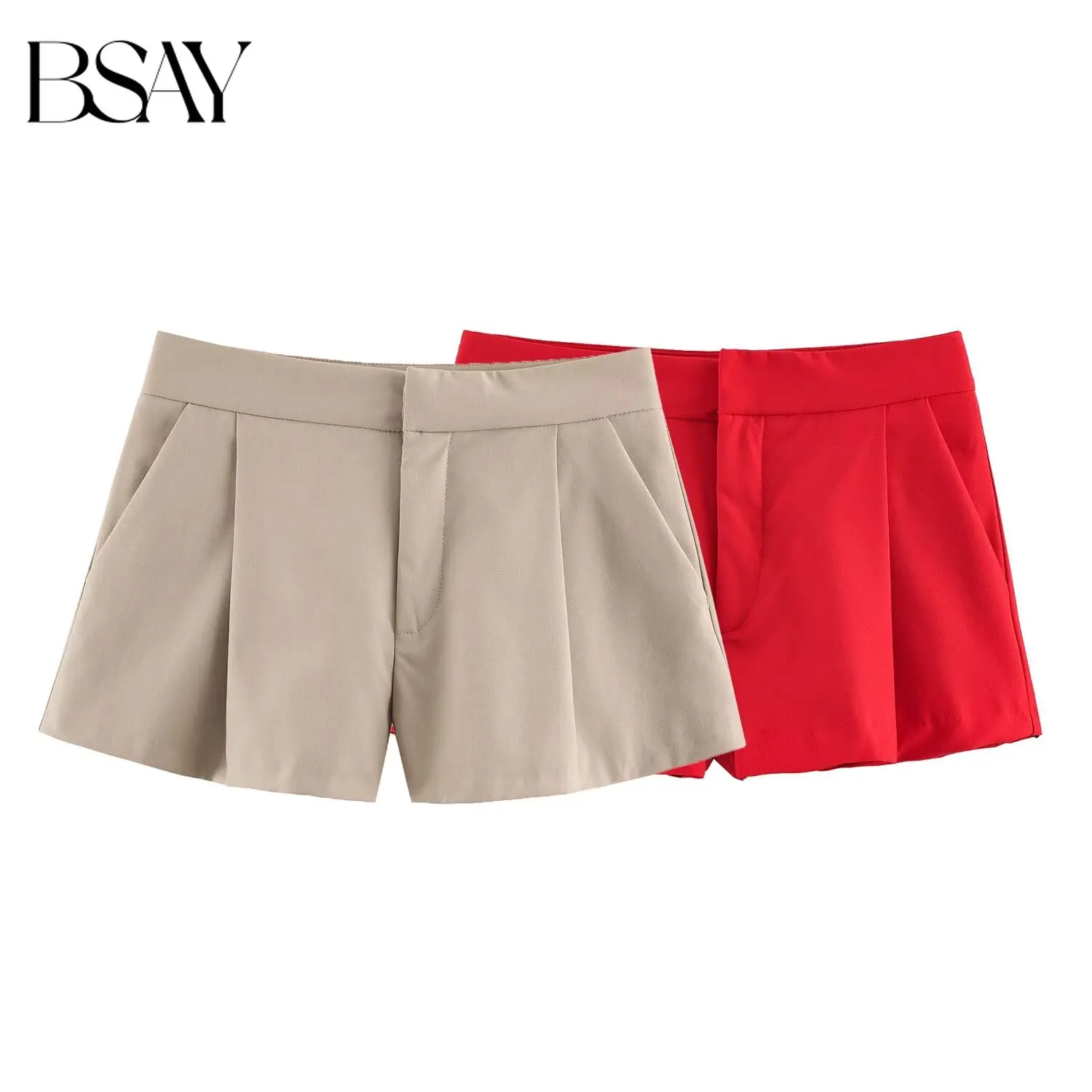BSAY Summer New Women's Elegant Versatile High‑Waist Pleated Dress Shorts Solid‑Color Zip Side Pockets Commuter Casual Shorts