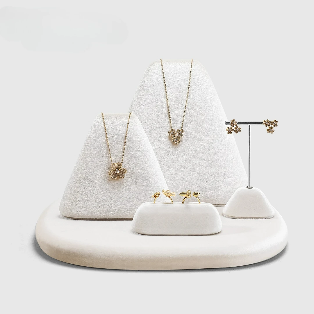 

High end showcase beige jewelry display props, rings, necklaces, bracelets, earrings display racks