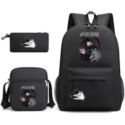 Anime Mochila de Três Peças Fushiguro Megumi, Cool Pattern, Grande Capacidade, Bolsa de Ombro, Pen Bag, Escola, Novo