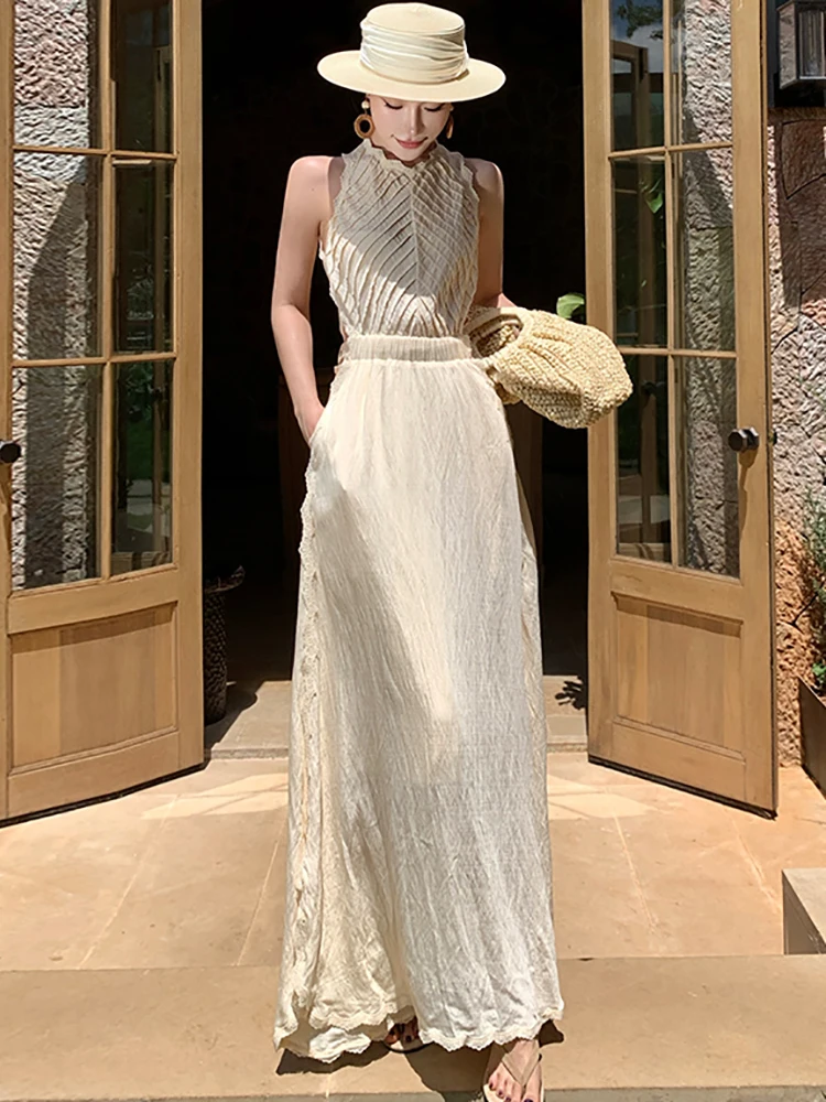 Women Solid Patchwork Jacquard Pleated Bandage Long Dress Summer Elegant Casual Sleeveless Dress 2026 Korean Bodycon Party Dress