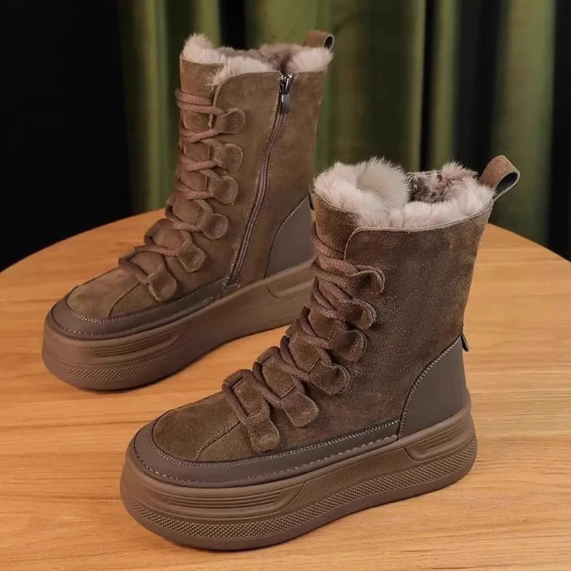 Brown Nubuck Leather Thick Soled Snow Boots Women Winter New Lace Up Short Boots Woman Flat Platform With Plush Warm Ankle Boots