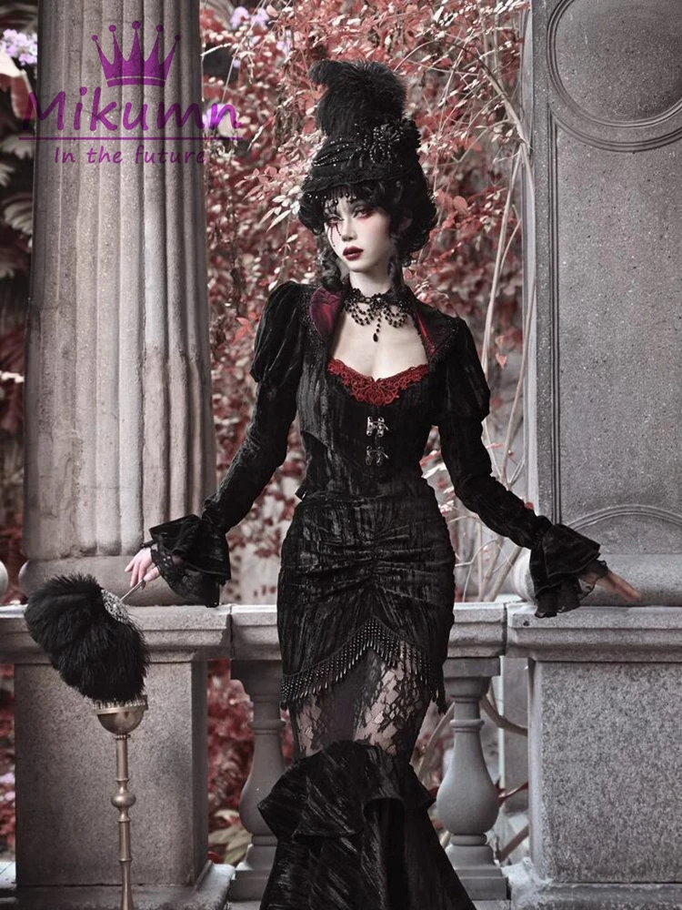 Women Gothic Black Velvet Short Jacket Vintage Spider Web Lace Turn-down Collar Puff Sleeve Victorian Coat Party Autumn