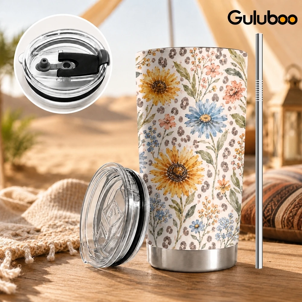 Leopard-Print Floral Vacuum Flasks 20oz Stainless Steel Travel Mug with 2 Lids & Reusable Straw Vacuum Insulated Coffee Cup