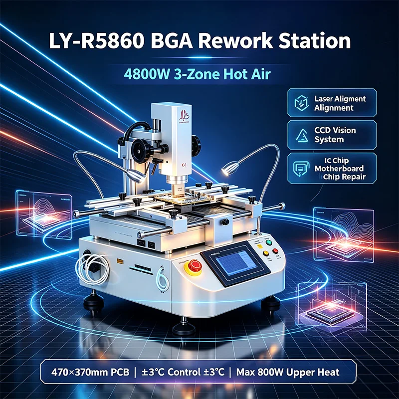 LY‑R5860 BGA Rework Station 4800W Hot Air 3 Zones, Optional Laser Alignment & CCD System for Laptop Motherboard IC Chip Repair