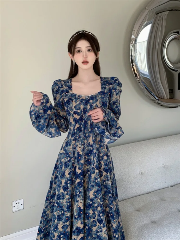 Spring Autumn Vintage Long Oil Painting Flowers Party Dress for Women Pearl Square Collar Fabulous Dresses Evening Robe 2023