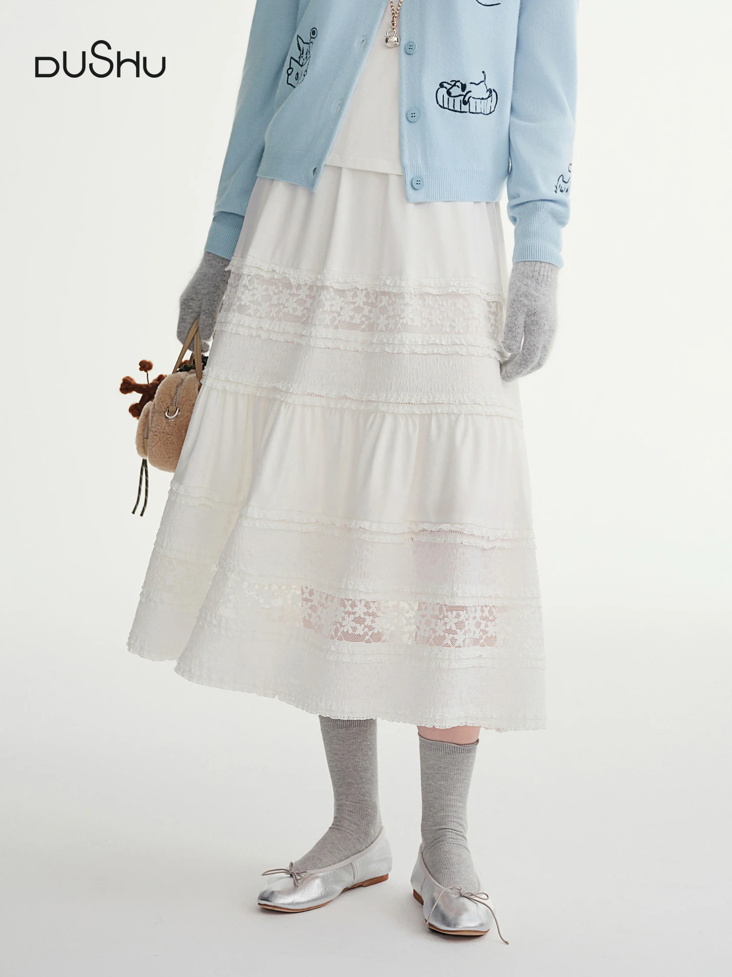 

DUSHU Plus-size Women's Clothing French Style Lace Appliqué Layered Cake Skirt 2025 Autumn Winter New Arrival Half-Skirt