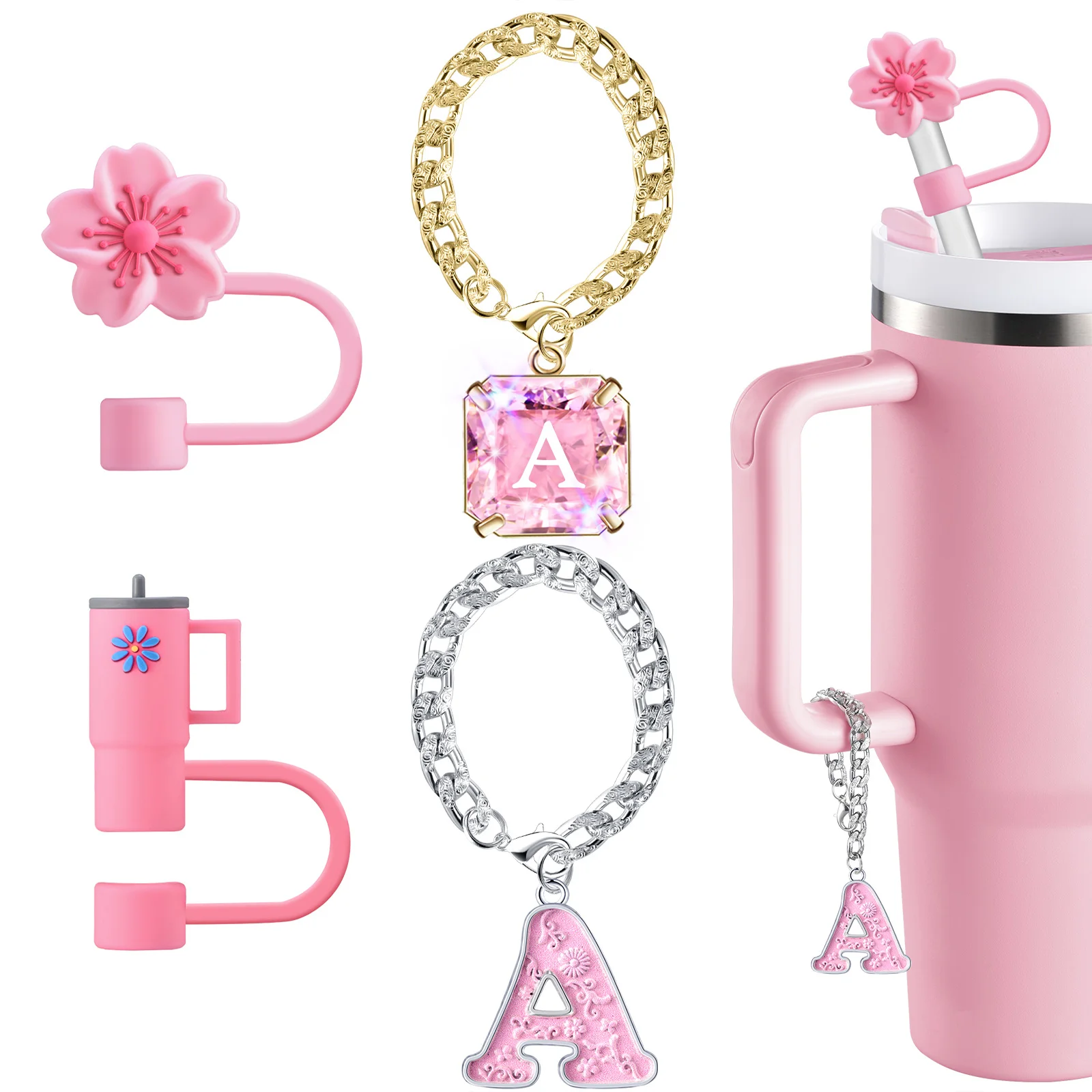 Straw Cover for Stanley Cup Accessories - Unique Crystal Letter Charms for Stanley Cups, Cute Flower & Cup Silicone Straws Toppe