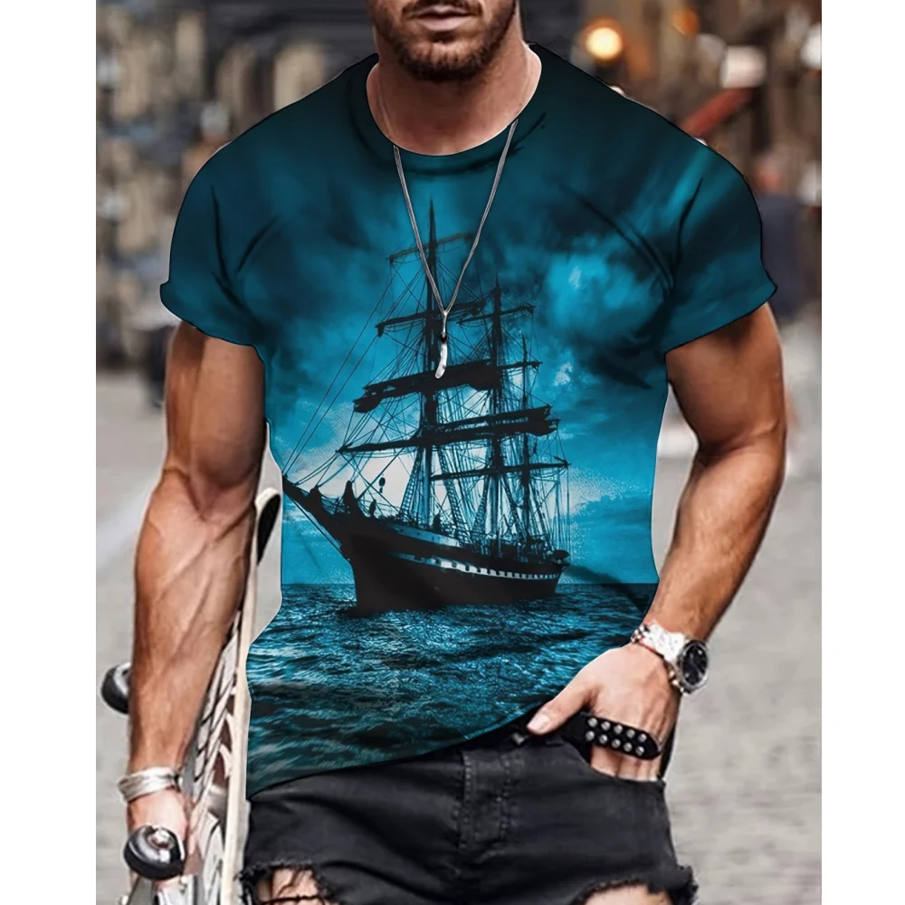 

Vintage T-Shirt For Men Retro Sailing Ship Printing Casual Short Sleeve T Shirts Oversized Men T-shirt Clothing Tops Streetwear