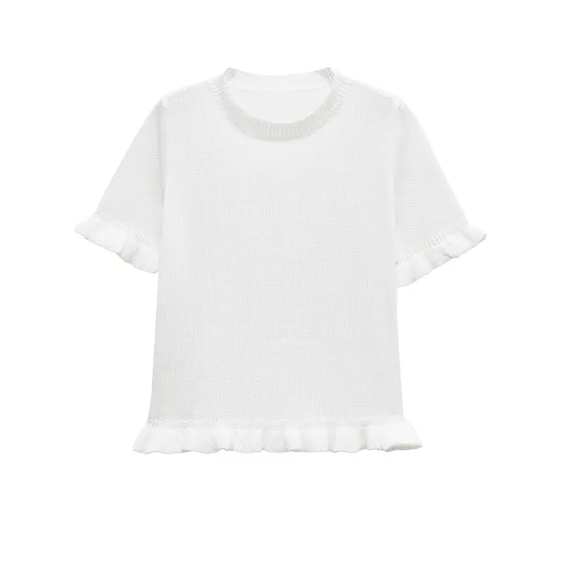 

Весна 2023 г., новый женский трикотажный хлопковый круглый топ с кружевной отделкой, длина из полиэфирного волокна