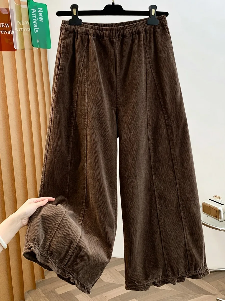 Retro Coffee Color Corduroy Women's Flared Pants Elastic Waist plus Size Slimming Casual Nine-Piece Wide Leg Pants