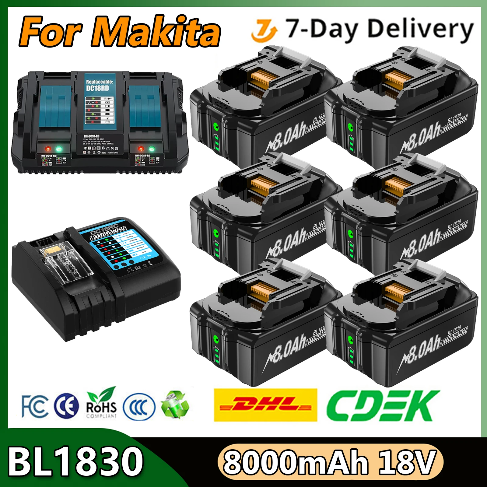 لماكيتا BL1830 بطارية 18 فولت 8000 مللي أمبير بطارية BL1830 BL1815 BL1860 BL1840 أداة بطارية قابلة للشحن مع شاحن 6A