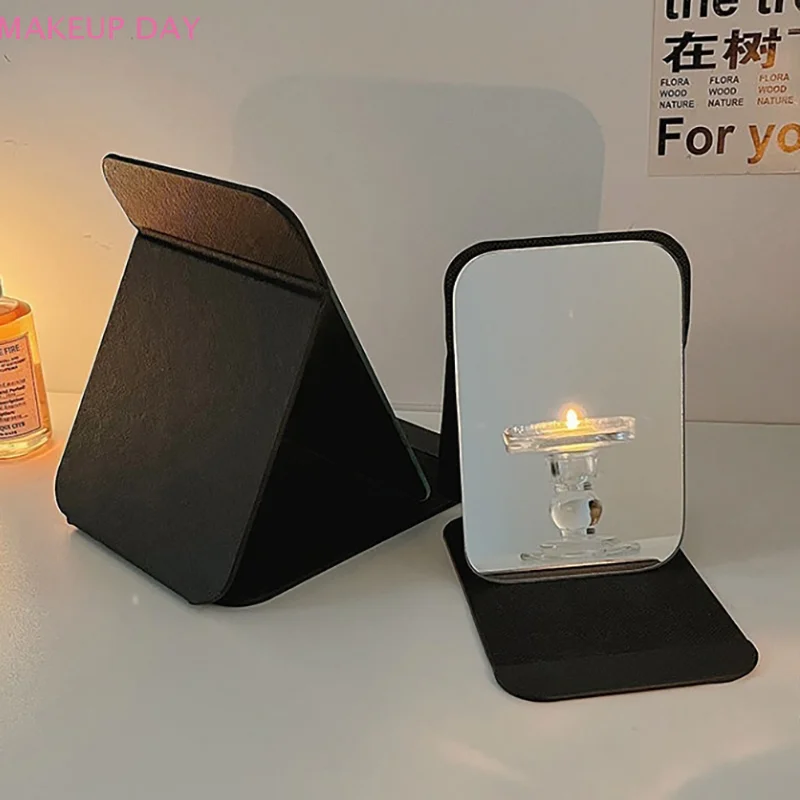 Desktop Makeup Mirror Solid Color PU Leather Simple Portable Handheld Black Mirror Foldable Student Compact Cute Pocket Mirror