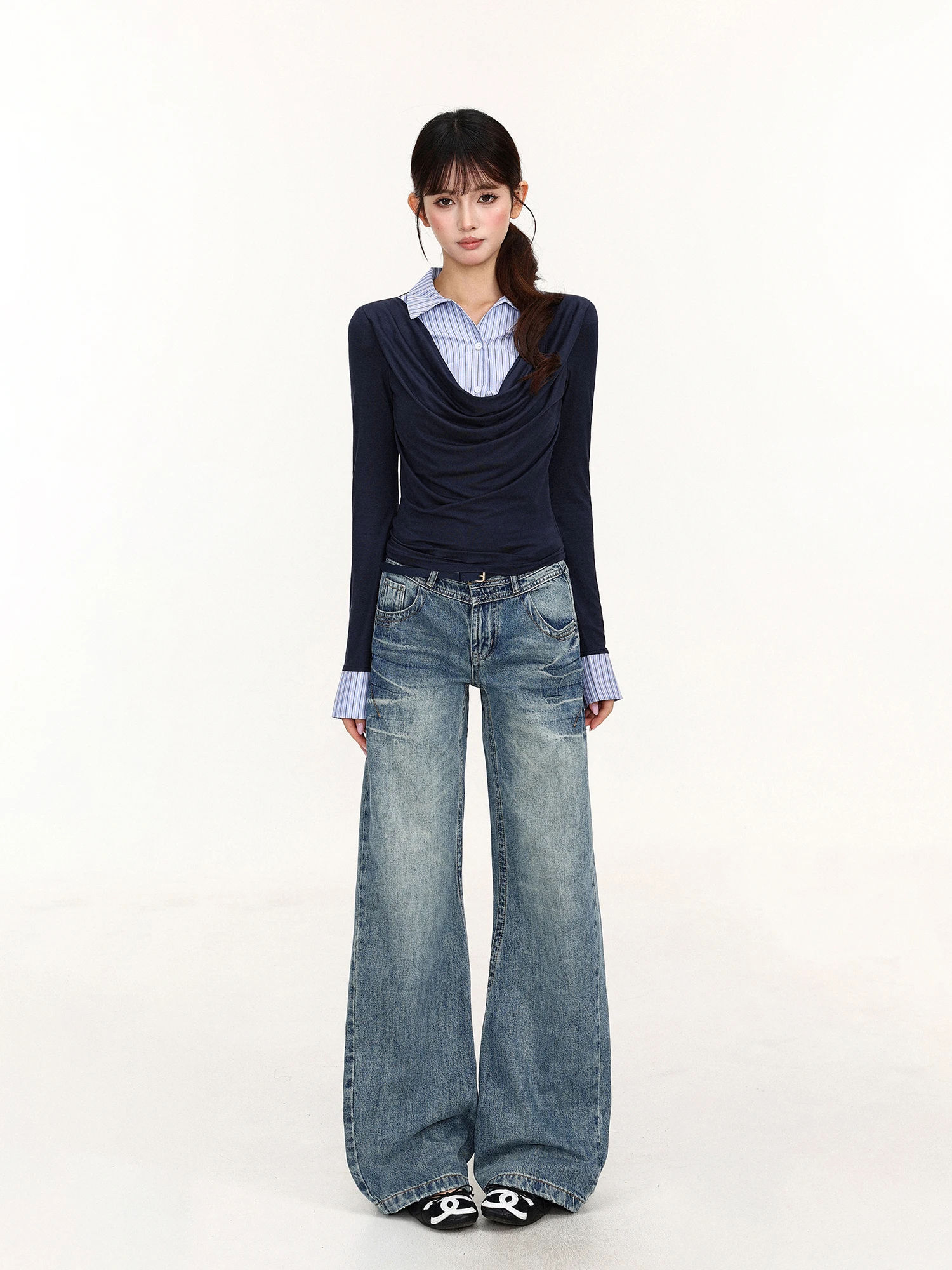 Slim Fit Long Sleeve T-Shirt Women's Autumn Design Sense Biggold Flounce Neck False Two-Piece Top Thin Style Color Block Base...