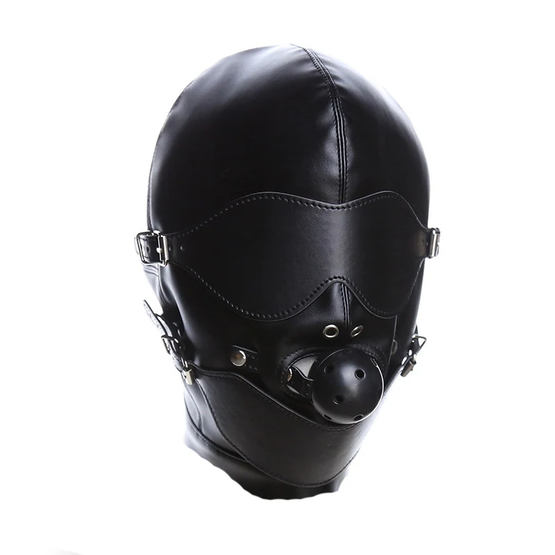 BDSM Full Face Sex Mask Hood Headgear Set Eye Blind SM Slave Mouth Ball Gag Adjustable Head Size Adult Sex Cosplay Bondage Gears view 6