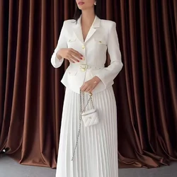 Autumn Long Sleeved Blazers& Pleat Skirts Outfits Women Elegant Fashion Solid Color Office 2 Piece Set Vintage Women Clothing
