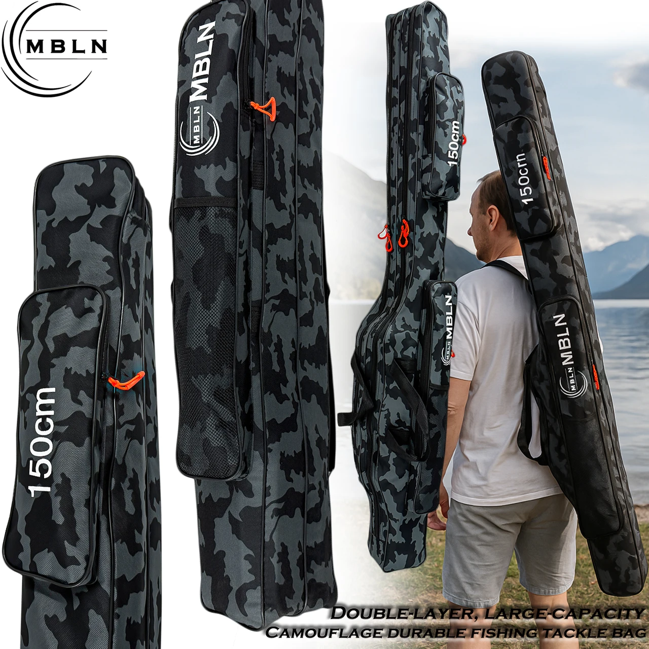 1pc MBLN Double-Layer Foldable Large Capacity Fishing Bag, 1.5m Backpack Rod Bag, Multi-Functional Tackle Storage