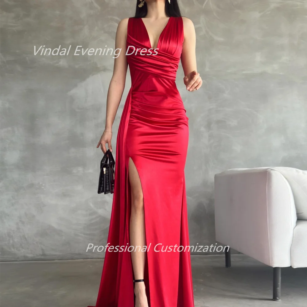 Vindal Evening dresses Crepe Mermaid Pleat  V-Neck Floor-Length Sleeveless Morden-Style High-Quality Sexy السعود For Woman 2024