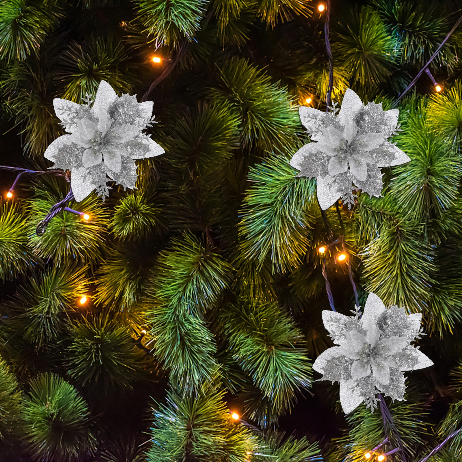 

16Pcs Glitter Poinsettia Christmas Flowers Decorative Faux for Xmas Wreath Tree Celebration Christmas Decorations