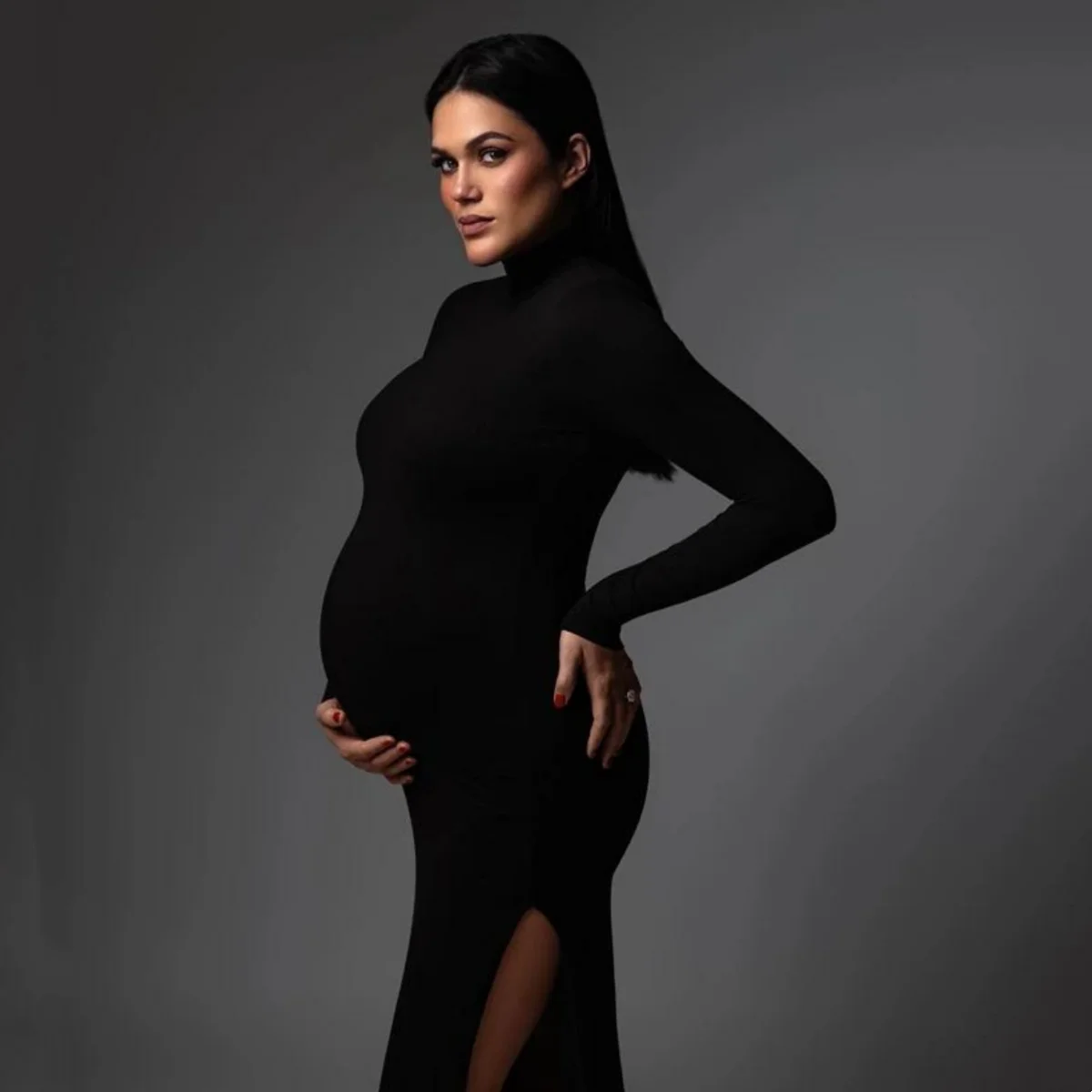 Sexy Bodycon Sides Slit Baby Shower Dresses Long Sleeve Stretchy Maternity Photo Shoot Dress