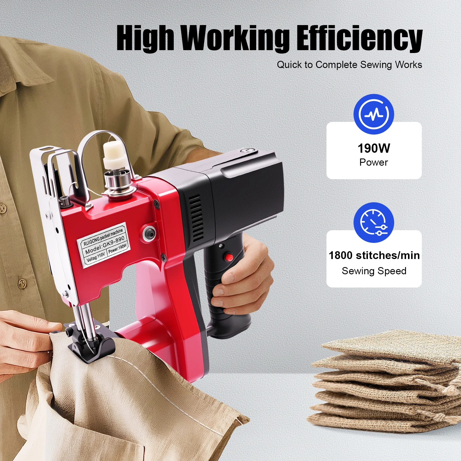 

110V Portable Electric Stitching Machine Leather Canvas Sewing Machine Bag Stitching Closer Maximum Thickness 6mm 15000 RPM