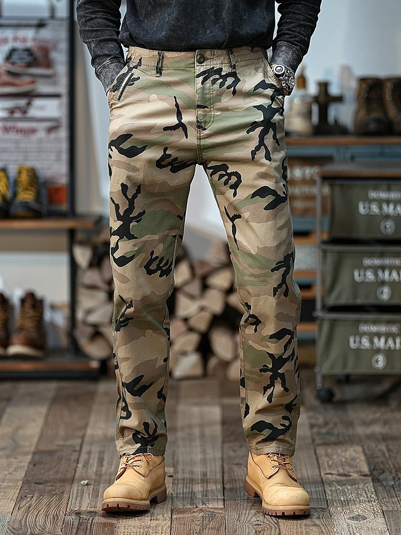 

2025 Spring and Autumn New American Rerto Woven Twill Camouflage Cargo Pants Men's 97% Cotton Washed Straight Casual Trousers
