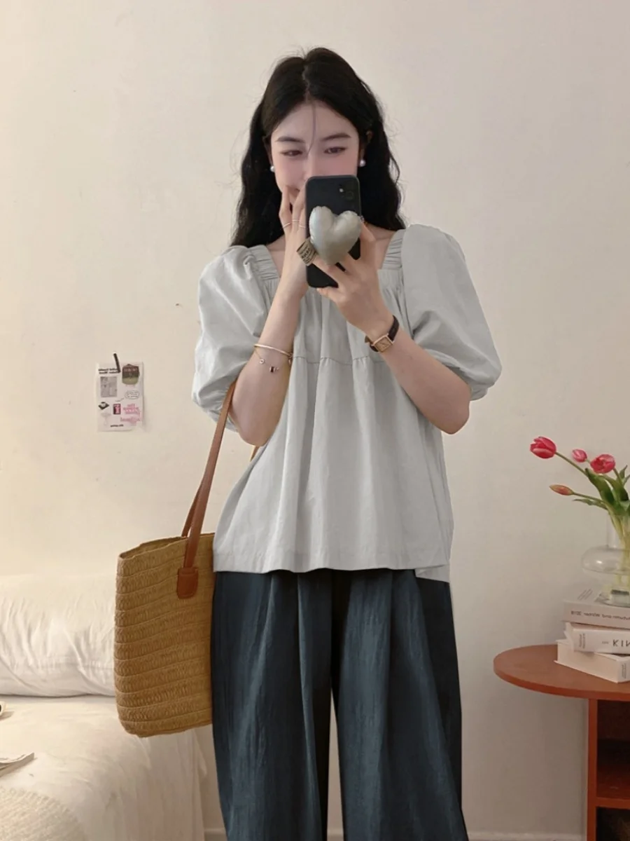 

plus Size Women's Summer Outfit Loose Fitting Bubble Sleeve T-Shirt High Waist Wide Leg Pants Two Piece Set Slimming Effect