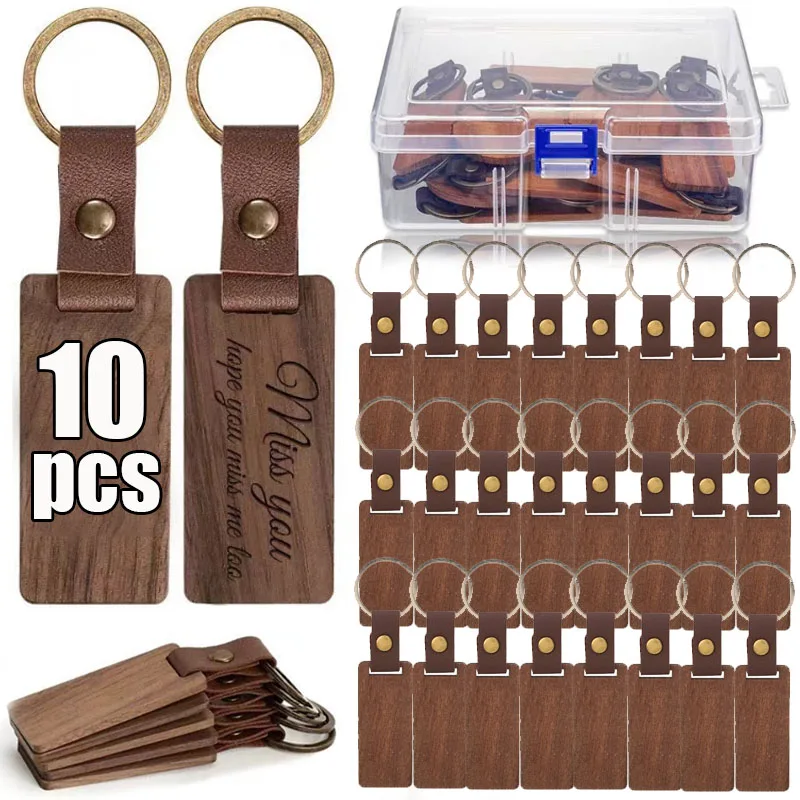 1-20pcs Rectangular Wood Key chains PU Leather Pendant Keyrings Custom Engraved Logo Pattern DIY Hand Tag Anti Loss Name Gifts