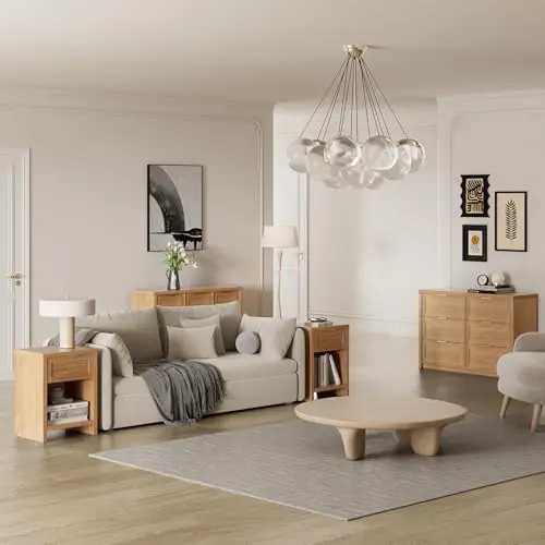 Natural Nightstands, Boho Bed Side Table for Living Room, Minimalist Night Stand with Drawer and Storage Shelf view 6