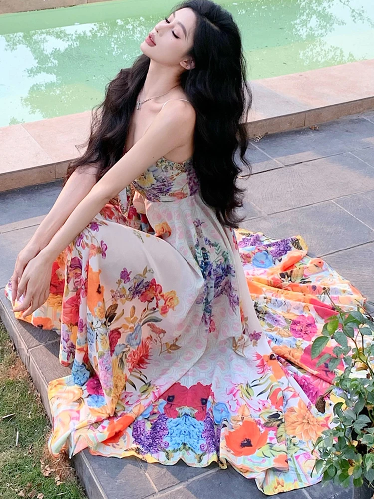 2025 New Boho Floral Chic Bow Sling Sexy Long Dress Summer Elegant Luxury Party Evening Dress Women Korean Bodycon Casual Dress