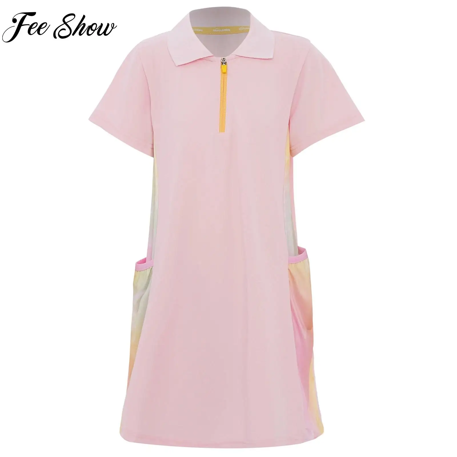

Summer Girls Contrast Color Tennis Dress Golf Badminton Training Costume Short Sleeve T-shirt Dresses with Pockets for Children