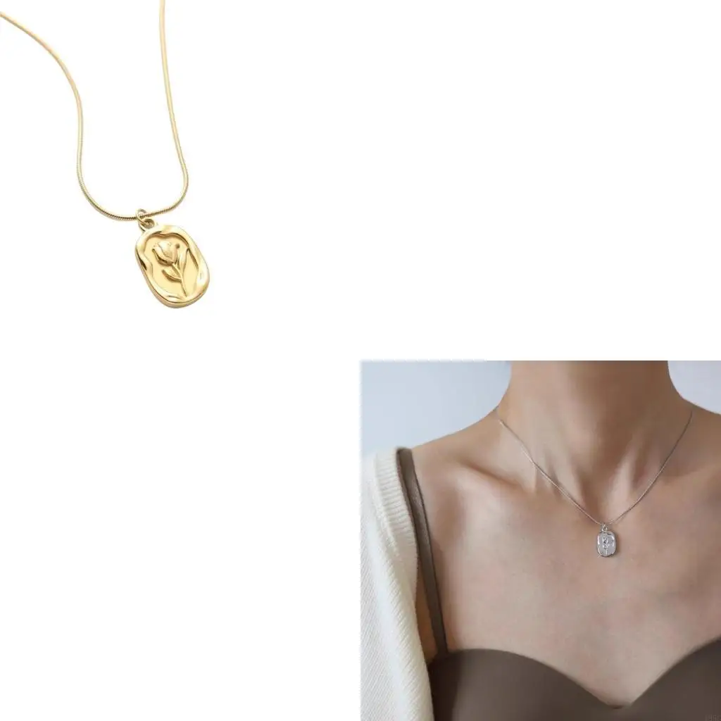 195C Tulips Pendant Necklace Embossed Flower Pendant Neckchain Waterproof Jewelry