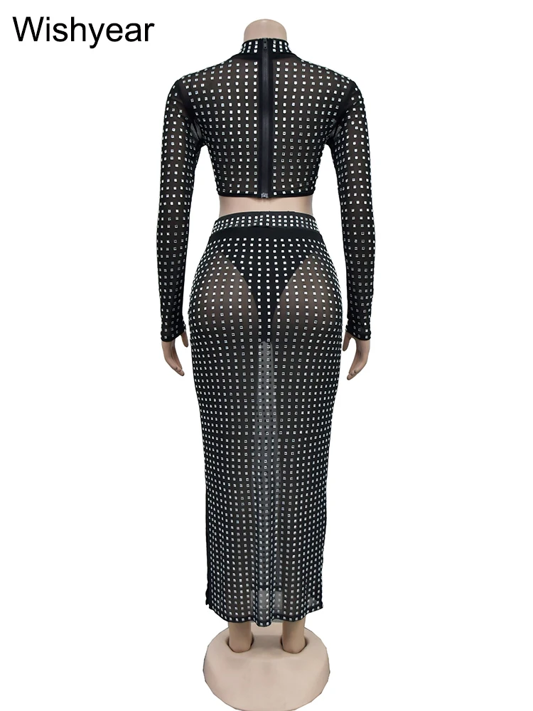 Wishyear Sparking Diamonds Sexy Mesh See Through Long Sleeve Top and Skirt Woman Evening Party Birthday Outfit Wedding Luxury