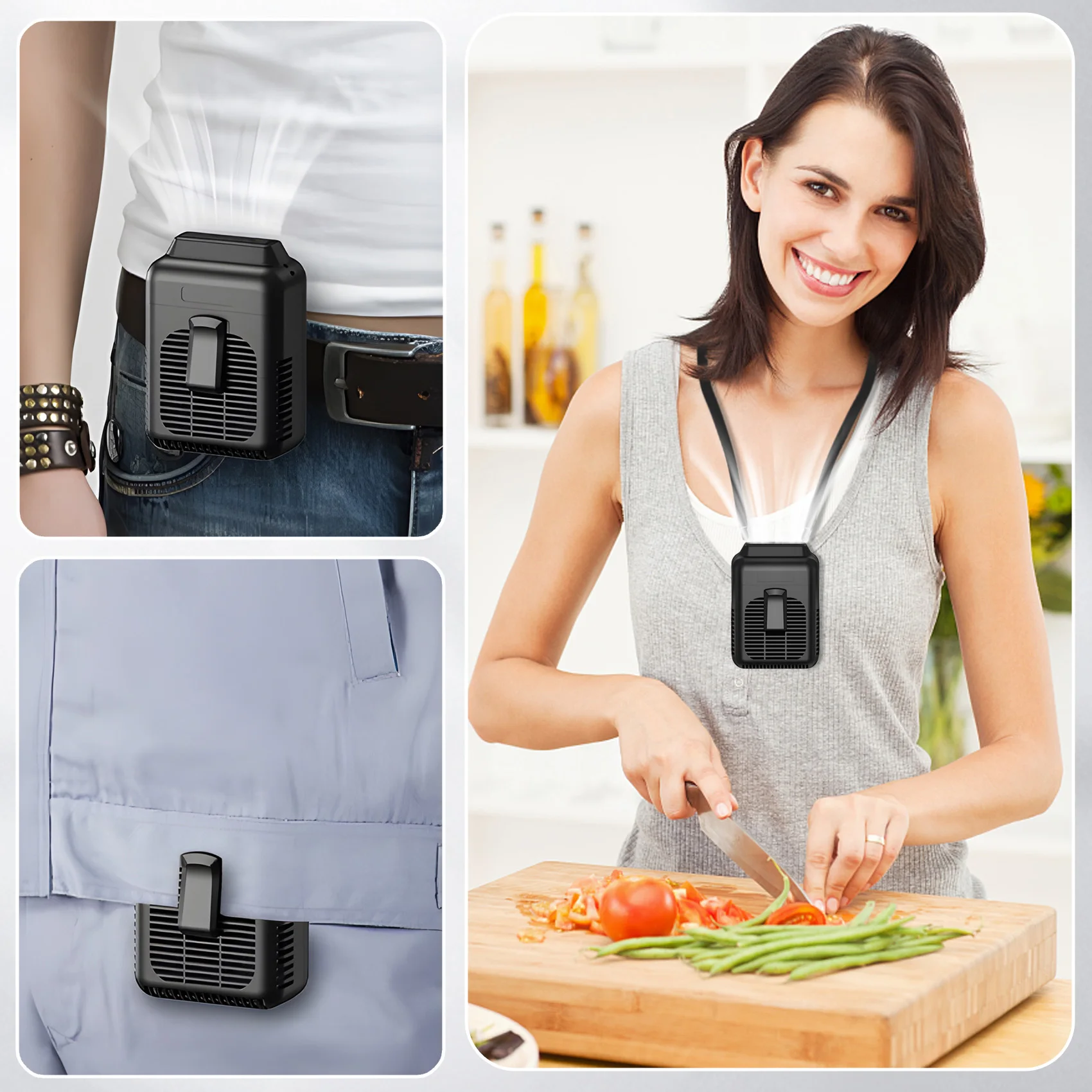 -مشبك خصر قابل لإعادة الشحن A25M على المروحة، مروحة حزام محمولة، مروحة رقبة تعمل بالبطارية، مخرج هواء قابل للتعديل، مروحة تبريد للخارج