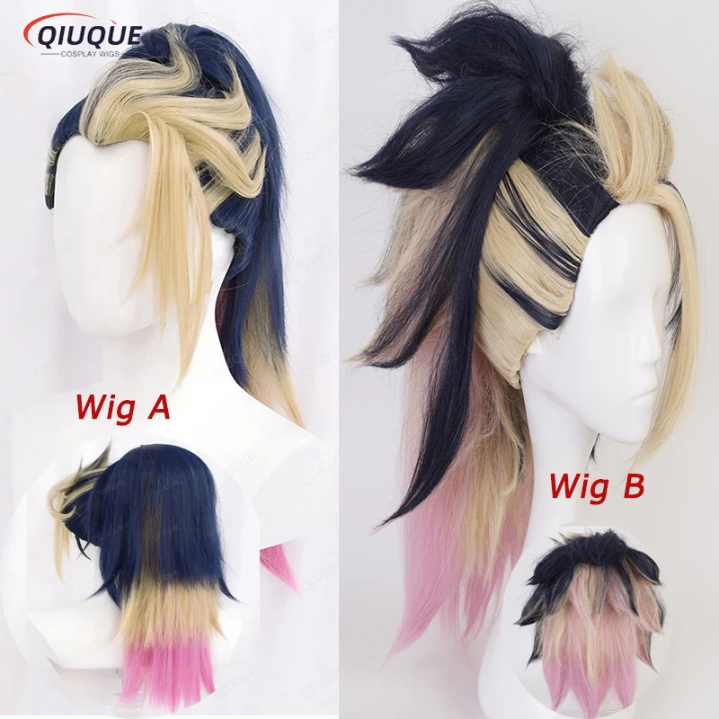 High Quality KDA Akali Mixed Color Ponytail Wig LOL Akali Heat Resistant Synthetic Hair Halloween Party Wigs + Free Wig Cap