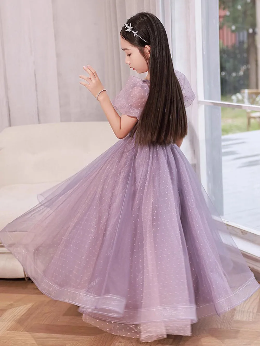 3-12T Girl's Light Purple Piano Performance Dress Elegant Children's Simple Bubble Sleeved Slim A-line Birthday Party Gown