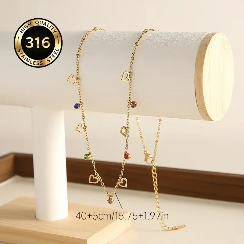 Romantic Sweet Female Heart Charms Colorful Zirconia Clavicle Choker Stainless Steel Dainty Round Cz Tassel Necklaces for Party