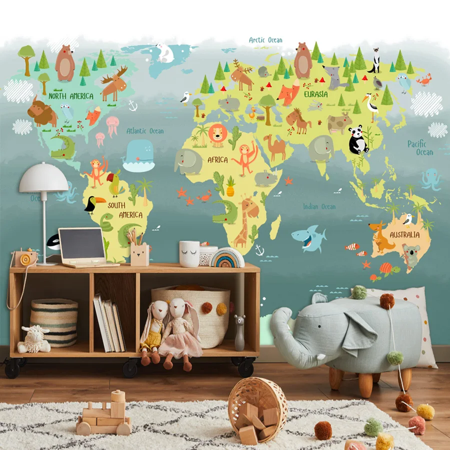 

Custom Peel and Stick Wallpapers Accept for Bedroom Walls Kids Cartoon Animal World Map TV Wallpaper Contact Papers Home Decor