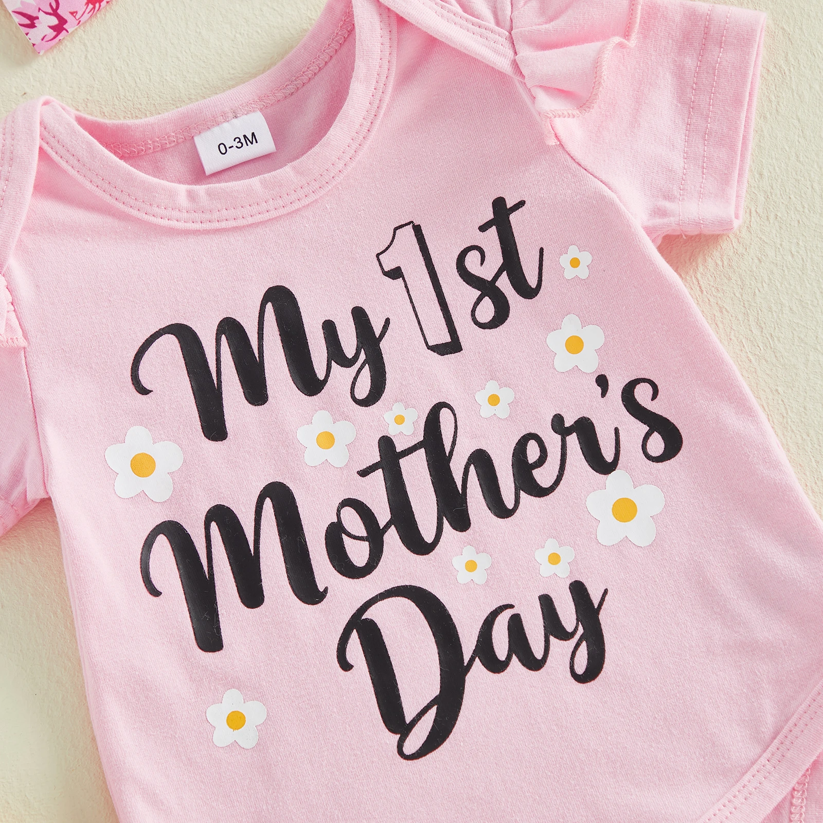 Baby Girl Mother's Day Outfits Letter Print Short Sleeve Bodysuits Floral Mesh Skirts Headband Clothes 3Pcs Set