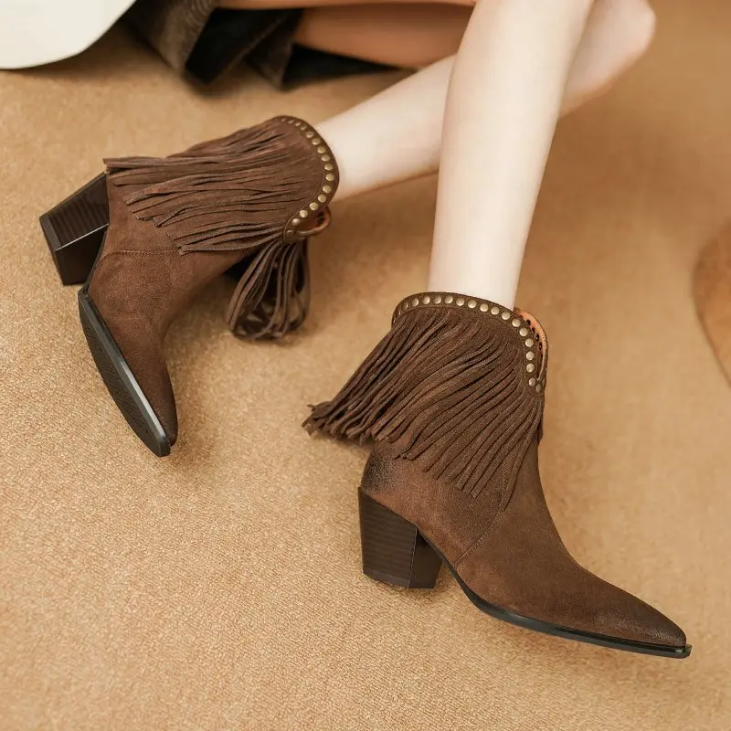 MORAZORA 2025 New Cow Suede Leather Cowboy Western Boots Women Pointed Toe Tassel Chunky High Heels Autumn Ankle Boots Female