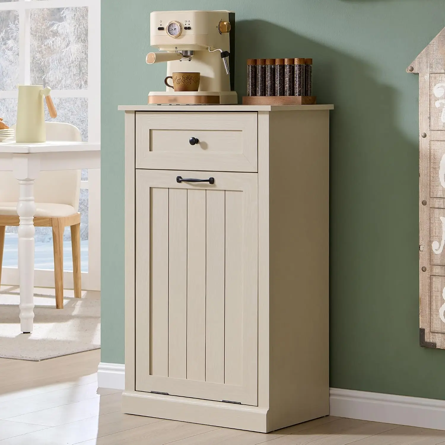 Tilt Out Trash Can Cabinet, Trash Cabinet w/Drawer, Cream | 10 Gallon Farmhouse Laundry Hamper Cabinet, Hidden, Customized