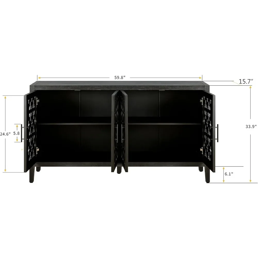 Hollow 4 Door Antique Cabinet, American Country Style Sideboard for Living Room Kitchen